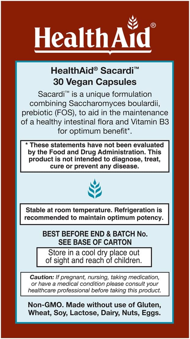 Sacardi Saccharomyces Boulardii – Once-Daily with Vitamin B3 & FOS | 5 Billion CFU | 30 Vegan Tablets | Dairy-Free & – Image 3