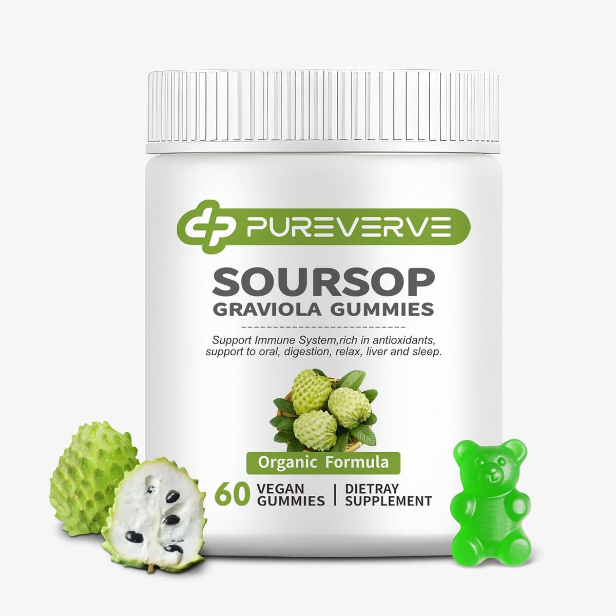 Pureverve Soursop Graviola Gummies con Musgo Marino y Zinc, Sin Azúcar, Vegano - 120 Gominolas (2 Paquete) – Image 8