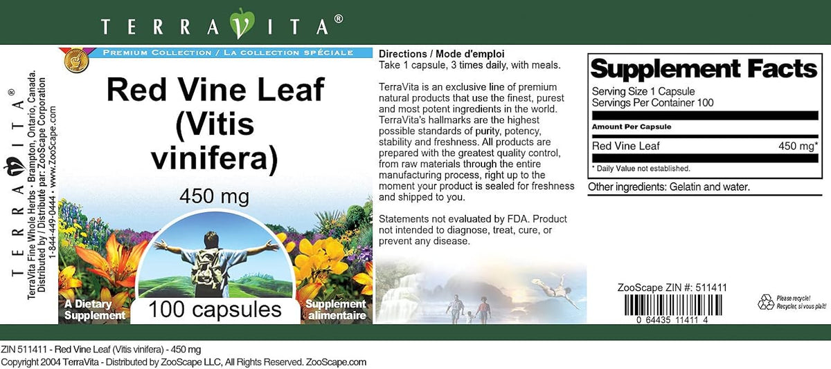 Red Vine Leaf (Vitis vinifera) - 450 mg (100 Cápsulas) - Terravita – Image 4