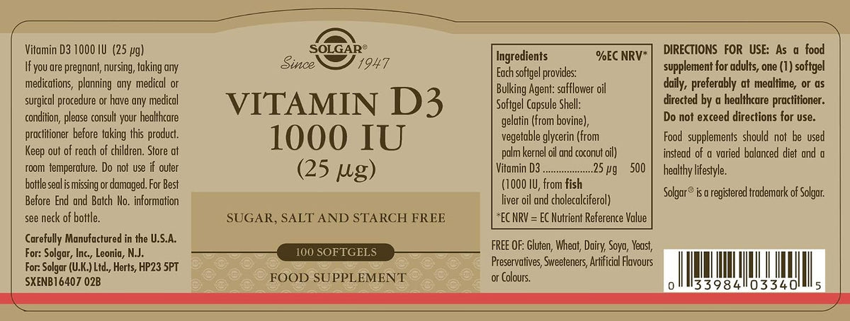 Solgar Vitamina D3 (Colecalciferol) 25 mcg (1000 UI), 100 Softgels – Image 6