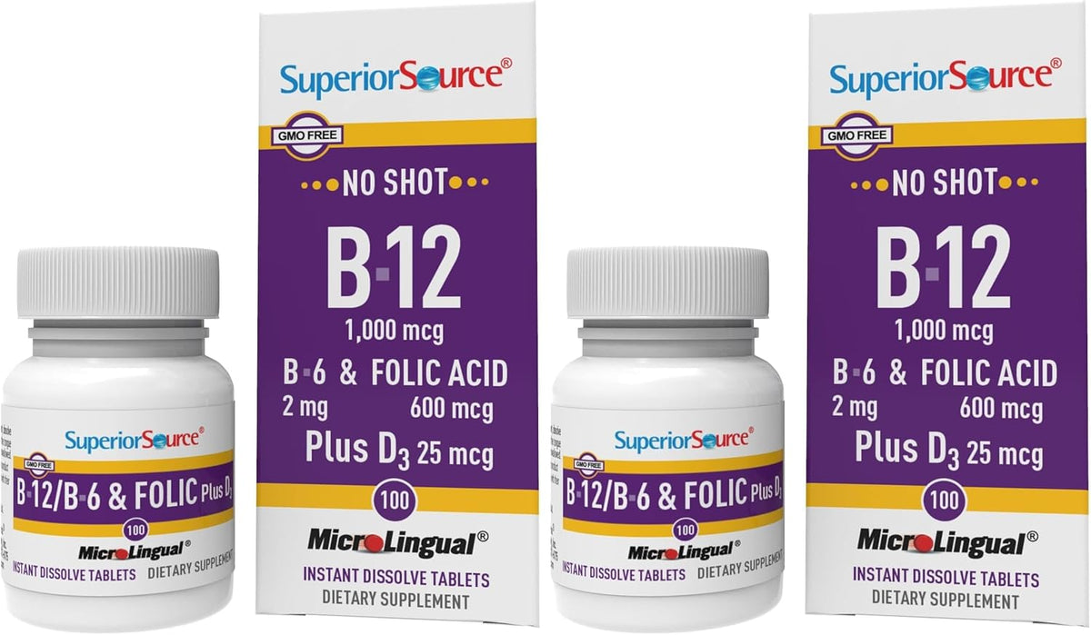 Superior Source No Shot Vitamina B12 Cianocobalamina 1000 mcg con B6, Ácido Fólico y Vitamina D3 1000 UI - 100 Comprimidos – Image 10