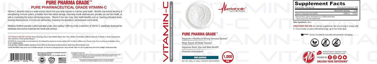 Metabolic Nutrition Vitamina C 1000 mg - Ácido Ascórbico Puro Grado Farmacéutico (500 g) – Image 4