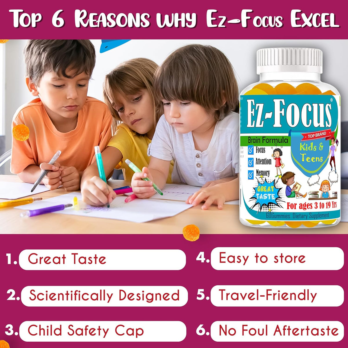 Ez-Focus Gominolas para Niños y Adolescentes – Práctico y portátil : El envase de 60 gominolas es fácil de llevar – Image 8