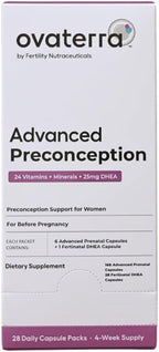 Ovaterra Advanced Preconception Vitamins con DHEA 25mg, Colina 550mg, Folato (Metilfolato) 1010mcg, Omega-3 DHA y EPA - 196 Cápsulas (Suministro para 28 Días)