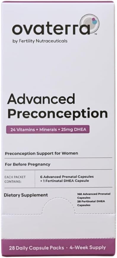 Ovaterra Advanced Preconception Vitamins con DHEA 25mg, Colina 550mg, Folato (Metilfolato) 1010mcg, Omega-3 DHA y EPA - 196 Cápsulas (Suministro para 28 Días)