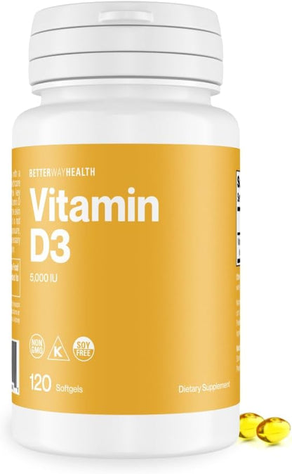 Better Way Health Vitamina D3 5000 UI – Suplemento de Alta Potencia para la Salud Ósea e Inmunológica – 120 Cápsulas Blandas – Image 1