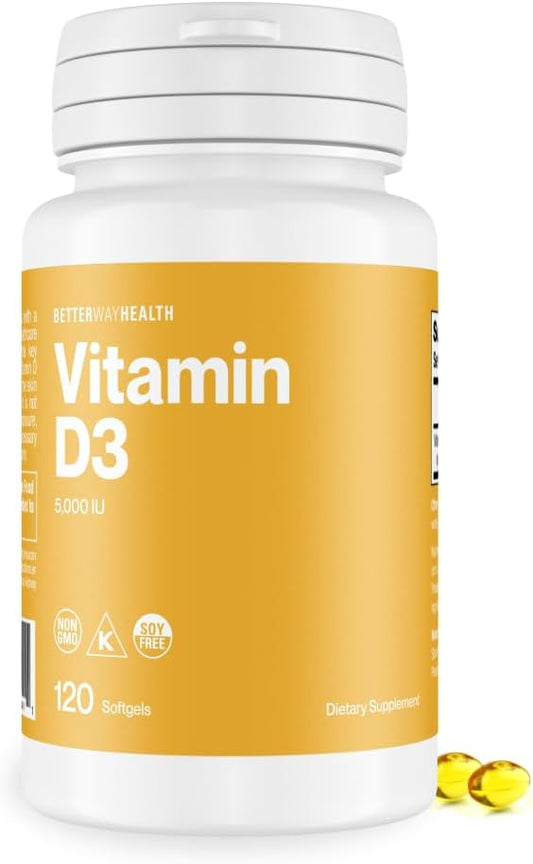 Better Way Health Vitamina D3 5000 UI – Suplemento de Alta Potencia para la Salud Ósea e Inmunológica – 120 Cápsulas Blandas