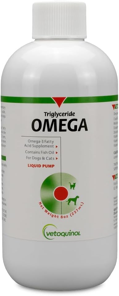 Vetoquinol Triglyceride Omega - Aceite de Pescado para Perros y Gatos - Favorece la Piel Saludable, el Pelaje y la Respuesta Inmunitaria Normal - Suplemento con Mezcla de Vitaminas para el Corazón, los Ojos, los Huesos y los Músculos - 8 oz (237 ml)