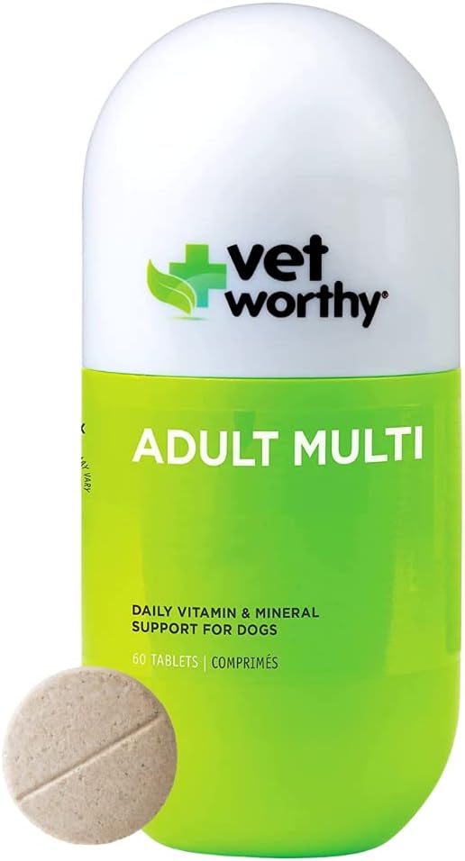 Vet Worthy Adult Multi Vitamins - Multivitamínico para Perros para Apoyar la Salud Óptima y el Bienestar General - Suplemento para Perros con Hierro, Magnesio, Zinc, Vitamina A, Vitaminas del Grupo B - Sabor a Hígado, 60 Comprimidos
