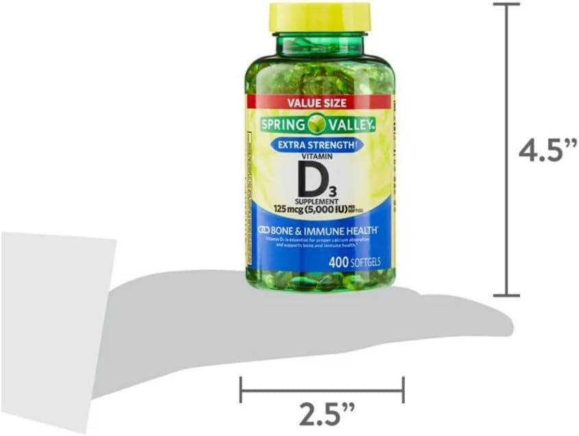 Vitamina D3 Spring Valley Cápsulas Blandas, 125 mcg por Cápsula, 5000 IU, 400 Unidades, y Regalo Masajeador de Hielo para Cara