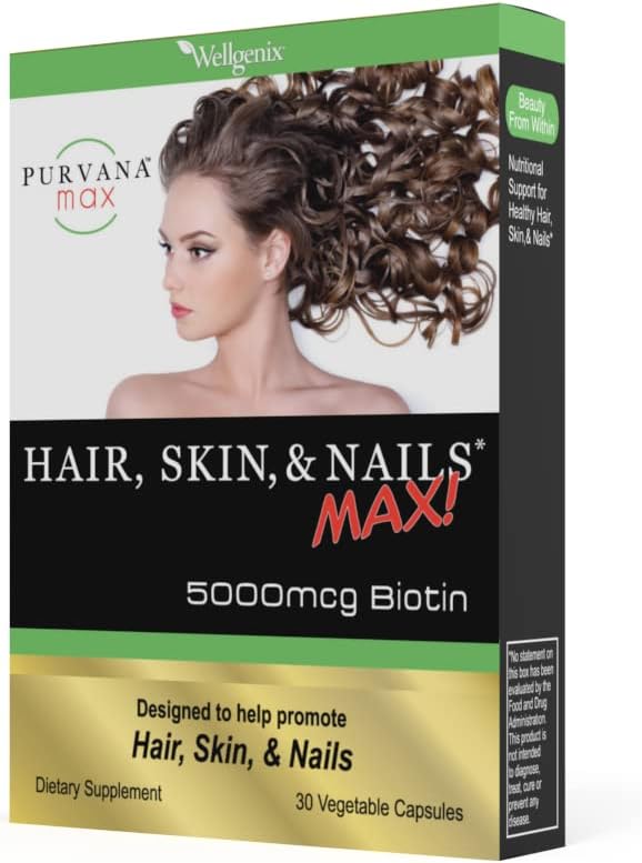 Wellgenix Purvana MAX – Biotina 5000mcg con MSM y Complejo B – Contribuye al Mantenimiento del Cabello, Piel y Uñas – 60 Cápsulas Veganas (Pack de 2)