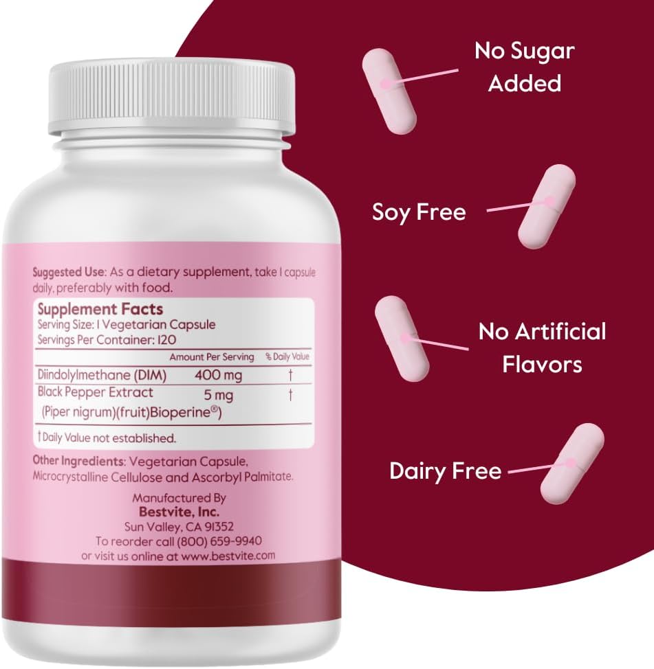 BESTVITE DIM (Diindolilmetano) 400mg con Bioperine - 120 Cápsulas Vegetales