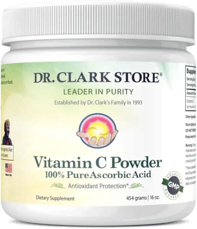 Dr Clark Vitamina C en polvo ácido ascórbico - Suplemento de apoyo inmunológico, sin gluten, potente antioxidante, apoya la función cerebral, promueve la formación y reparación de tejidos, 454g | 16oz
