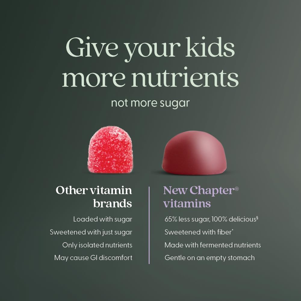 New Chapter Kids Multivitamin Gummies - 65% Menos Azúcar, Gomitas Multivitamínicas para Niños con Vitaminas C, D3 y Zinc, No GMO, Sin Gluten, Sabor Baya-Cítrica, 60 unidades