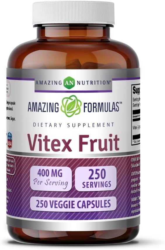 Amazing Formulas Vitex Fruta 400 mg | Cápsulas Vegetales | No OGM | Sin Gluten | 250 Cápsulas