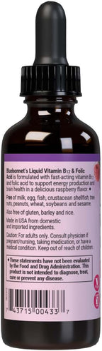 BlueBonnet Nutrition Vitamina B12 Líquida con Ácido Fólico - 1000 mcg - Vegano - Sin Gluten - Sabor Frambuesa - 59 Dosis