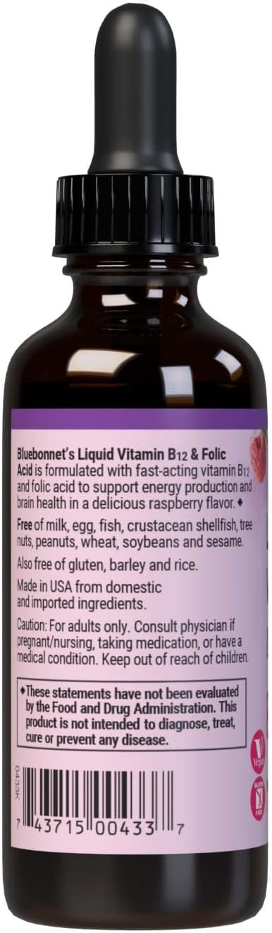 BlueBonnet Nutrition Líquido de Vitamina B12 y Ácido Fólico - 1000 mcg B12 + 400 mcg Folato - Vegano, Sin Gluten - Sabor Frambuesa - 59 Dosis