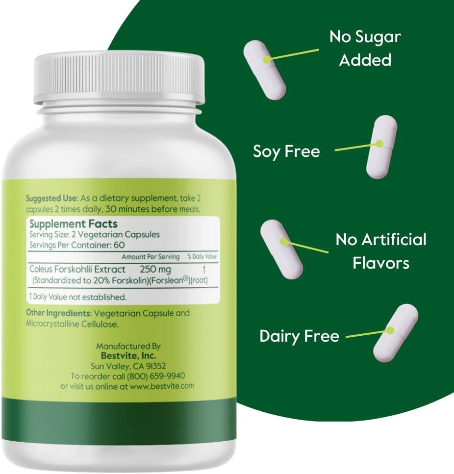 BESTVITE Coleus Forskohlii 125 mg - 20% Forskolina (120 Cápsulas Vegetarianas) - Con Forslean®