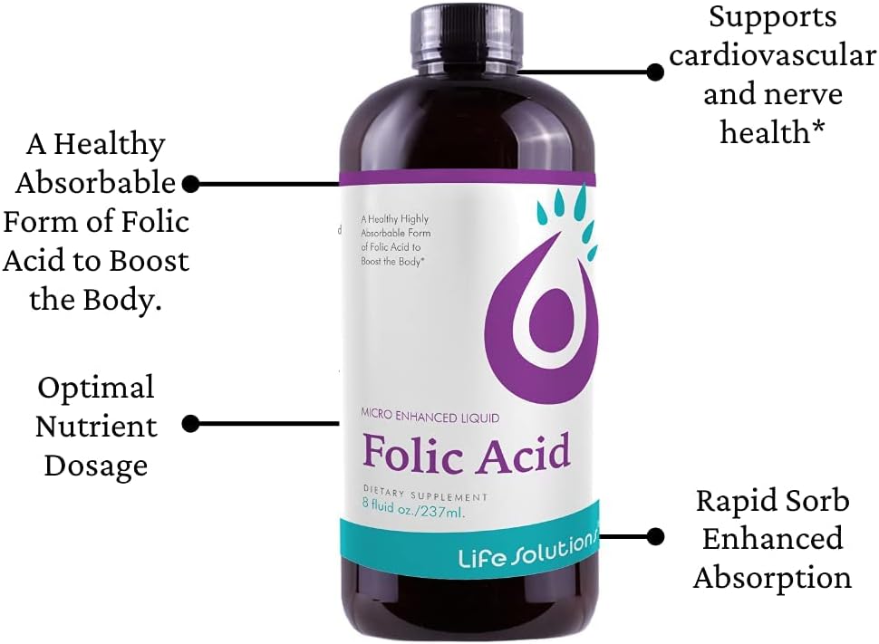Life Solutions Ácido Fólico Líquido - 800 mcg por dosis - Sabor a Bayas, 237 ml