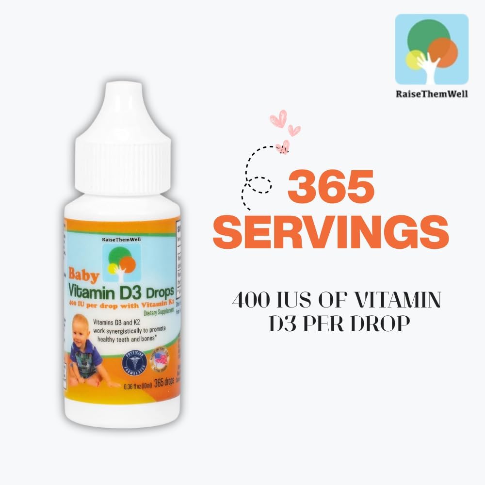 Raise Them Well - Vitamin D3 and K2 Drops for Bones and Teeth, 365 Servings, 10 ml