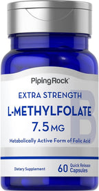 Piping Rock L-Methylfolate 7.5 mg | 60 Cápsulas | Complemento de Potencia Extra | Ácido Fólico Activo | Non-GMO, Sin Gluten