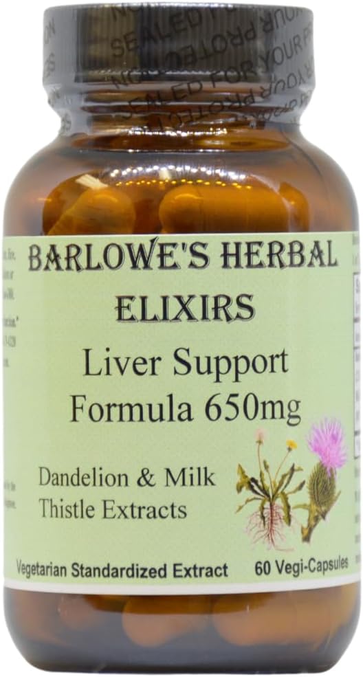 Barlowe's Herbal Elixirs Fórmula de Apoyo Hepático - Extracto de Diente de León y Cardo Mariano, 650mg, 60 Cápsulas Veganas
