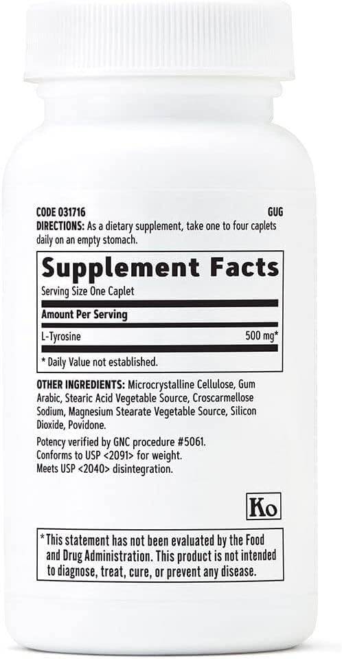 GNC L-Tirosina 500mg, 60 Comprimidos Vegetarianos