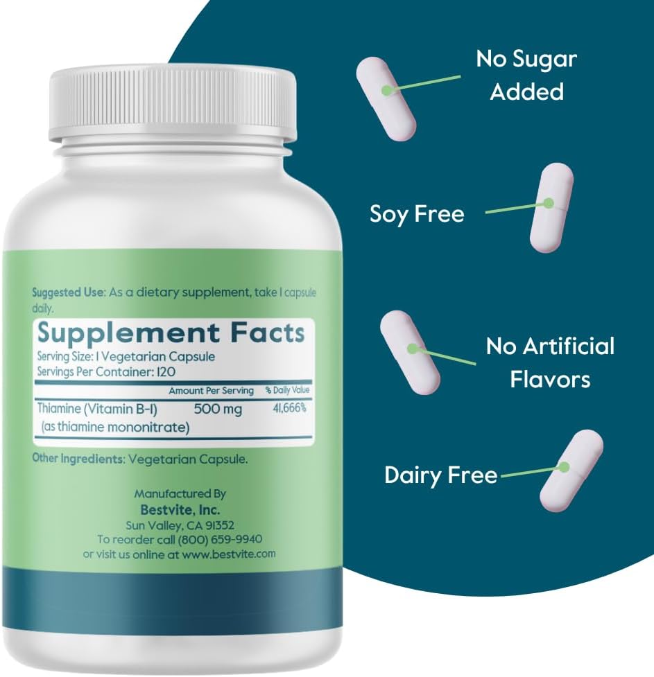 BESTVITE Vitamina B-1 (Tiamina) 500 mg - 120 Cápsulas Vegetales - Vegano - Sin Estearatos - No GMO - Sin Gluten