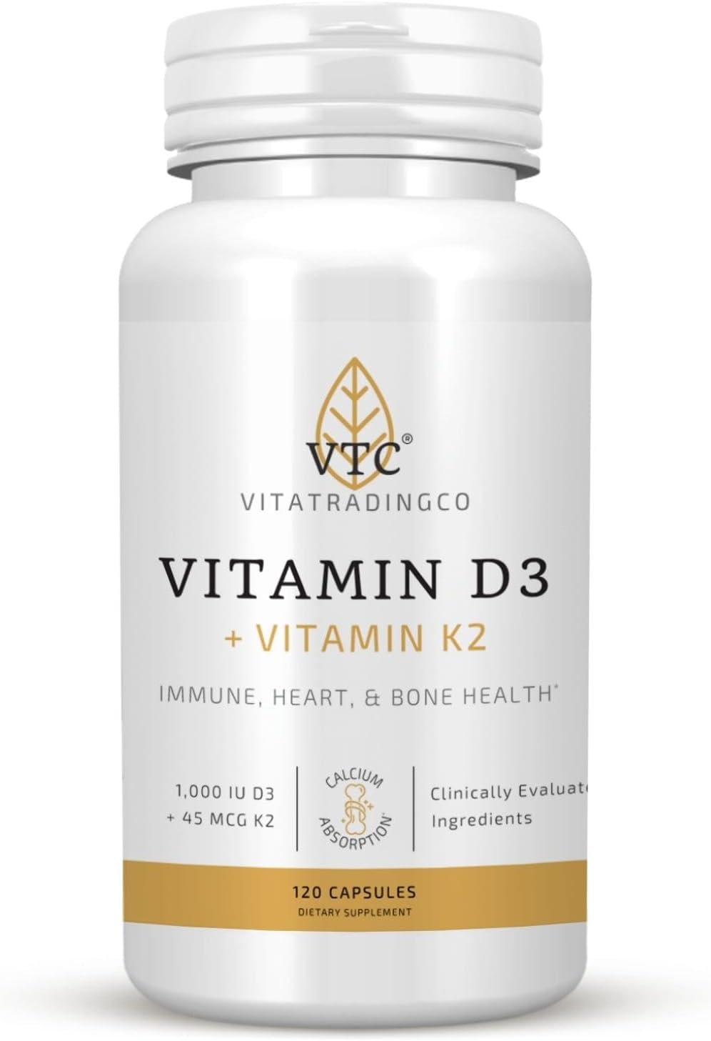 VTC VitaTradingCo. Vitamina D3 + K2 | Alta Potencia | 1000 UI D3 + 45 mcg MK-7 K2 | 120 Cápsulas