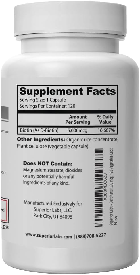 Superior Labs Natural Non-GMO Biotin - 5000 mcg, 120 Vegetable Capsules