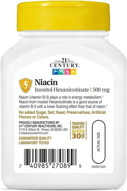 21st Century Flush Free Niacin 500mg, 110 – La niacina contribuye al funcionamiento normal del sistema nervioso. – Image 2