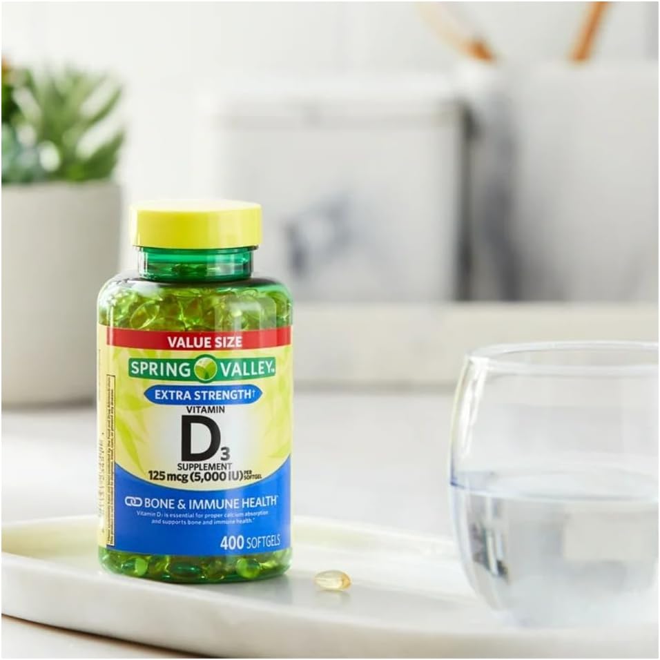 Vitamina D3 Spring Valley Cápsulas Blandas, 125 mcg por Cápsula, 5000 IU, 400 Unidades, y Regalo Masajeador de Hielo para Cara