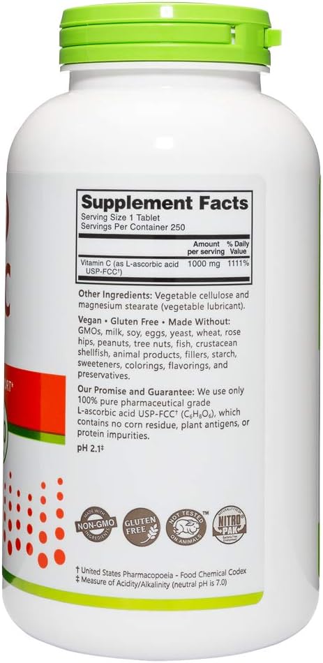 NutriBiotic Vitamina C 1000 mg, 250 Comprimidos - Ácido L-Ascórbico Puro