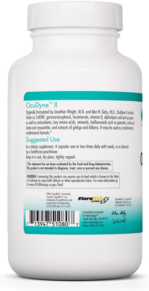 NutriCology OcuDyne II - Luteína de 10 mg, Folato, Tocotrienoles y Vitamina D - Fórmula Multivitamínica y Multimineral - Apoyo para la Salud Ocular - 50 Dosis - 200 Cápsulas Vegetarianas