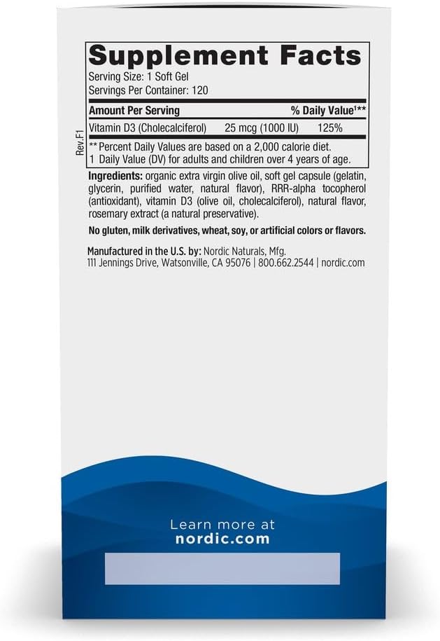 Vitamina D3 1000 UI de Nordic Naturals - 120 mini cápsulas blandas sabor naranja