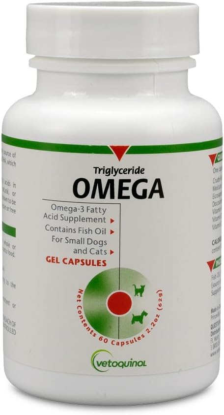 Vetoquinol Triglyceride Omega - Aceite de Pescado para Perros y Gatos - Apoya la Piel, el Pelaje y la Respuesta Inmunitaria - Suplemento con Mezcla de Vitaminas para el Corazón, Ojos, Huesos y Músculos - 60 Cápsulas