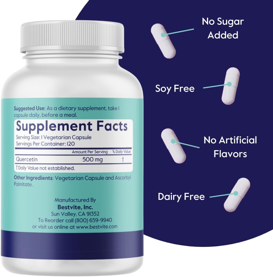 BESTVITE Quercetina 500mg (120 Cápsulas Vegetarianas) - Sin Estearatos - Sin Dióxido de Silicio - Vegano - Sin OGM - Sin Gluten