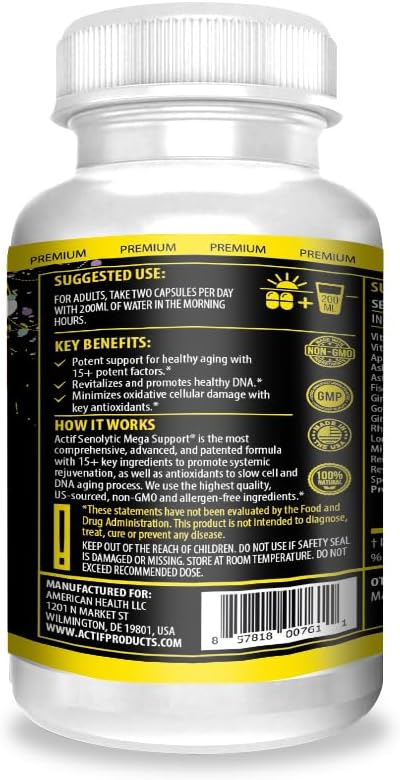 ACTIF Senolytic Support con 15+ Factores Avanzados - No Transgénico, Absorción Rápida, 60 Cápsulas