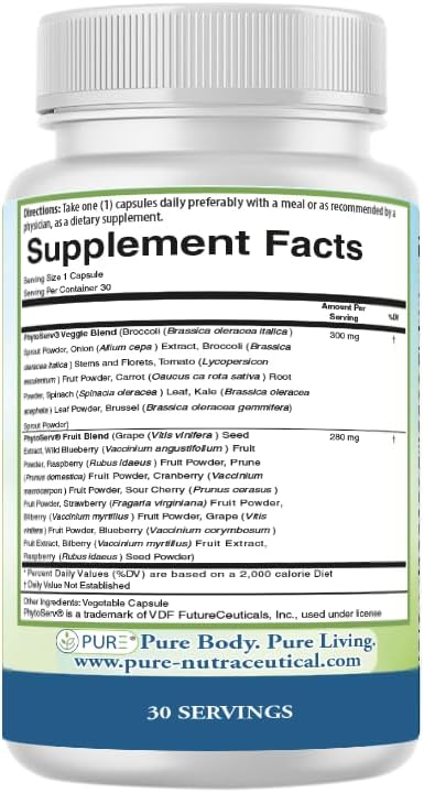 PURE® Greens & Reds Cápsulas - 30 Servicios - 9 Raciones Diarias de Frutas y Verduras en 1 Cápsula - Mezcla de Superalimentos PhytoServ® con Brócoli, Kale y Bayas - Escudo Fitonutriente de Base Vegetal