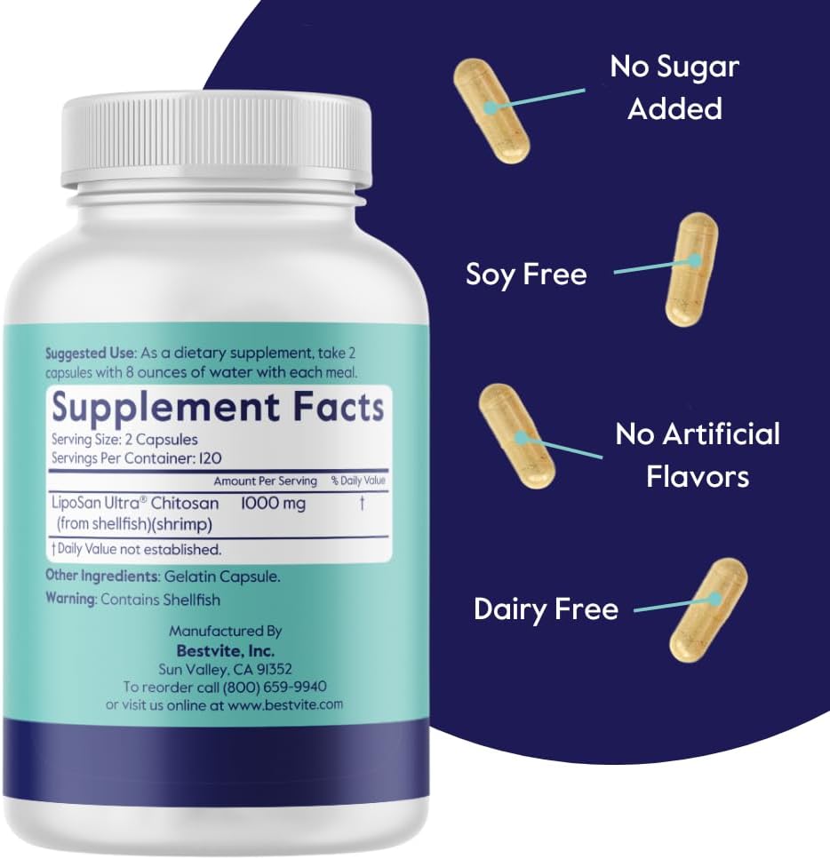 BESTVITE Liposan Ultra Chitosan 500mg (240 Capsules) - Patented Rapid Action Formula