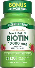 Nature's Truth Biotin 10,000 mcg Rapid Dissolve Tablets, Berry Flavor, Pack of 3 (120 Tablets Each)