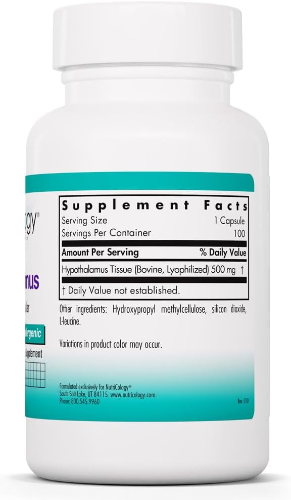 Nutricology Hipotálamo Bovino Liofilizado - 500 mg - 100 Cápsulas Veganas