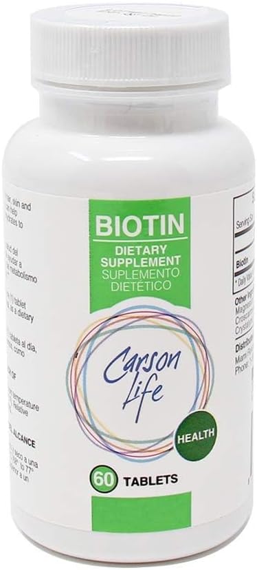 Carson Life Biotina 60 Comprimidos - Vitamina B7 para Cabello, Piel y Uñas - Metabolismo Energético - Sin Sabor