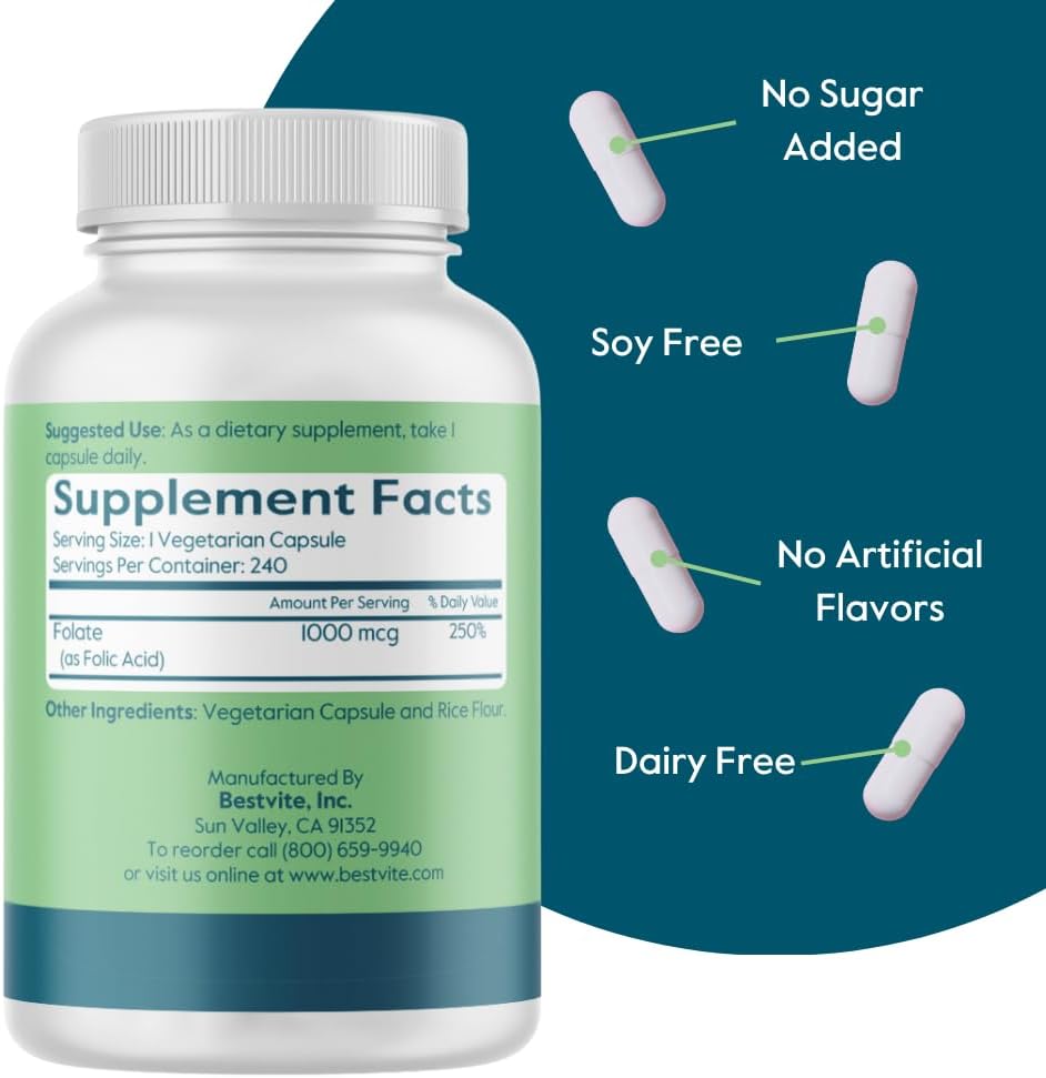 BESTVITE Ácido Fólico 1000mcg (Vitamina B9) - 240 Cápsulas Vegetarianas