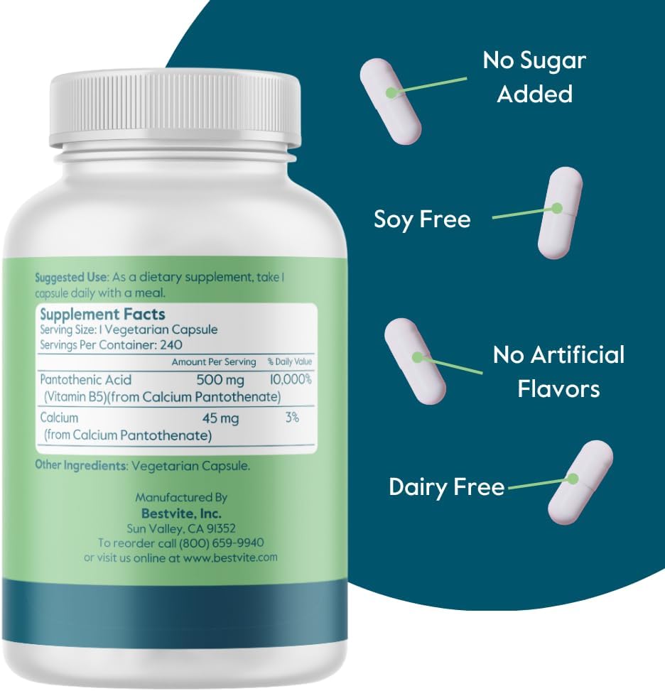 BESTVITE Ácido Pantoténico 500mg (Vitamina B5) - 240 Cápsulas Vegetales