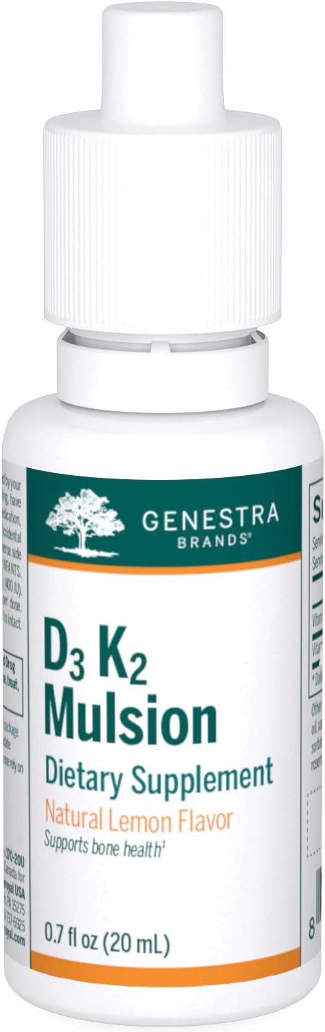 Genestra Brands D3 K2 Mulsion - Liquid D3 and K2 Vitamins - Natural Lemon Flavor - 122 Doses