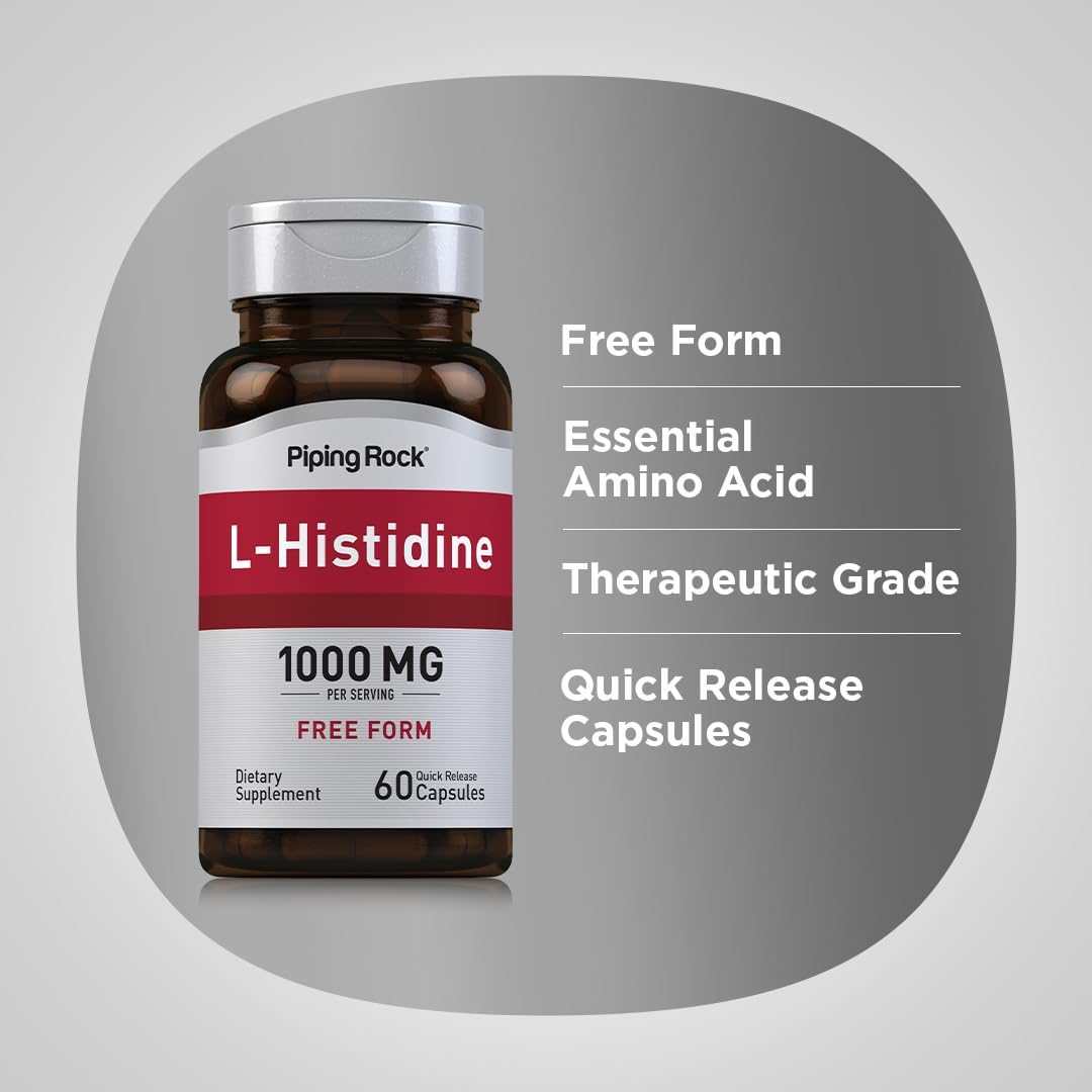 Piping Rock L-Histidina 1000 mg | 60 Cápsulas | Suplemento de Aminoácido Esencial Sin OGM y Sin Gluten