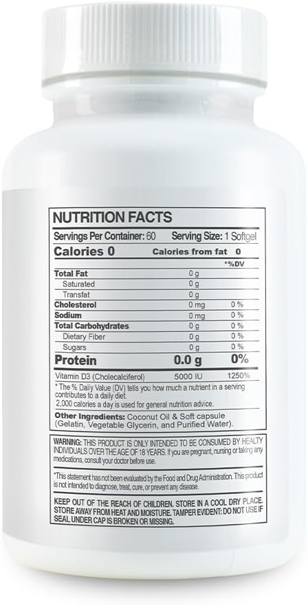 Premium Vitamina D3 5000 IU con Aceite de Coco - 60 Cápsulas (Pack de 2)
