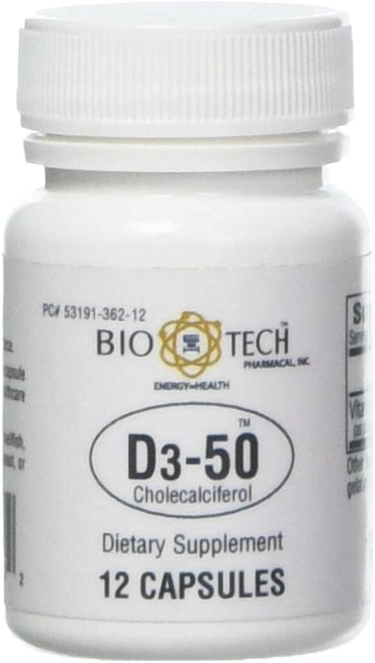 Bio-Tech Pharmacal D3-50 50.000 UI, 12 Cápsulas – Suplemento Natural de Vitamina D3