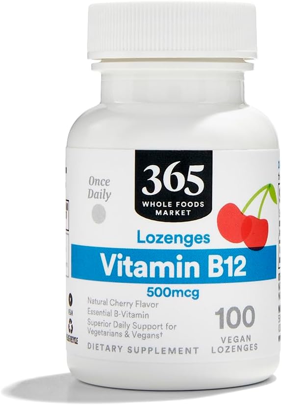 365 by Whole Foods Market, Vitamina B12 500mcg Comprimidos, Sabor Cereza Natural, Vegano, 50 Unidades